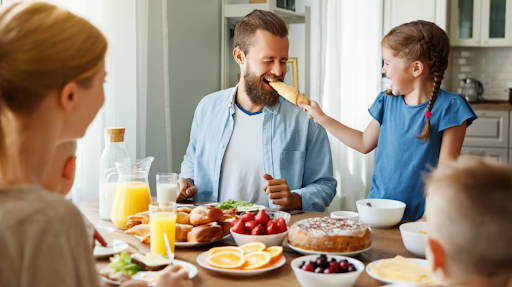 de familie ontbijt in de keuken