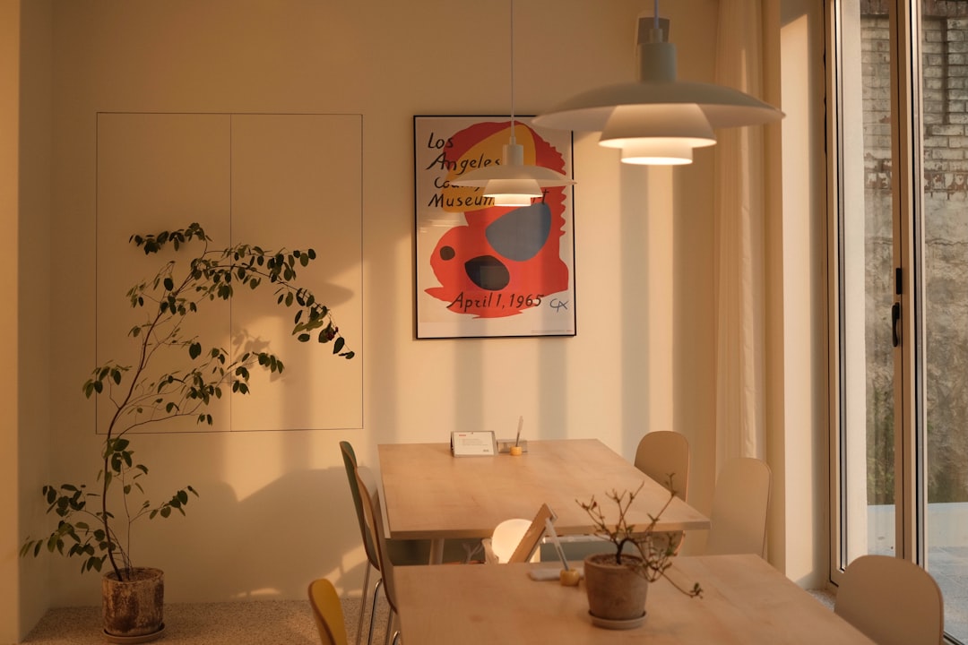 study space with artistic interior. beautiful warm light of sunset was coming through windows.