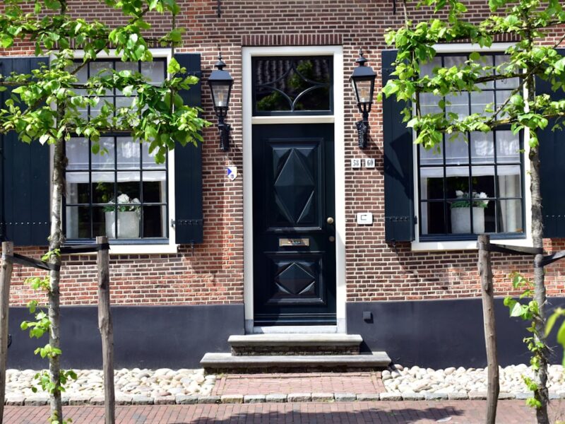 A building with a black door surrounded by trees