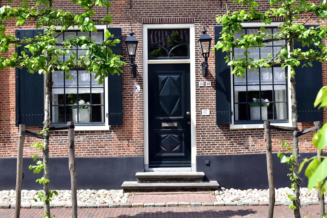 A building with a black door surrounded by trees