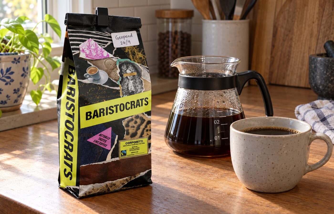 Een opgerolde Baristocrats-koffiezak met sluitclip en datumetiket naast een glazen koffiekan en kop koffie.