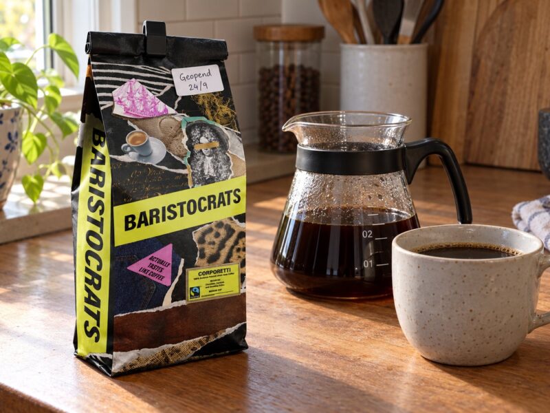 Een opgerolde Baristocrats-koffiezak met sluitclip en datumetiket naast een glazen koffiekan en kop koffie.